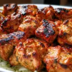 Grilled Shish Tawook chicken skewers served with fresh vegetables.
