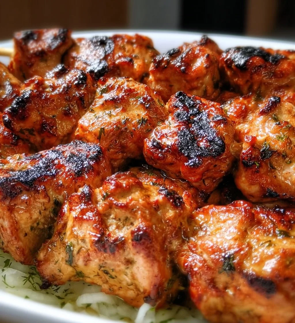 Grilled Shish Tawook chicken skewers served with fresh vegetables.