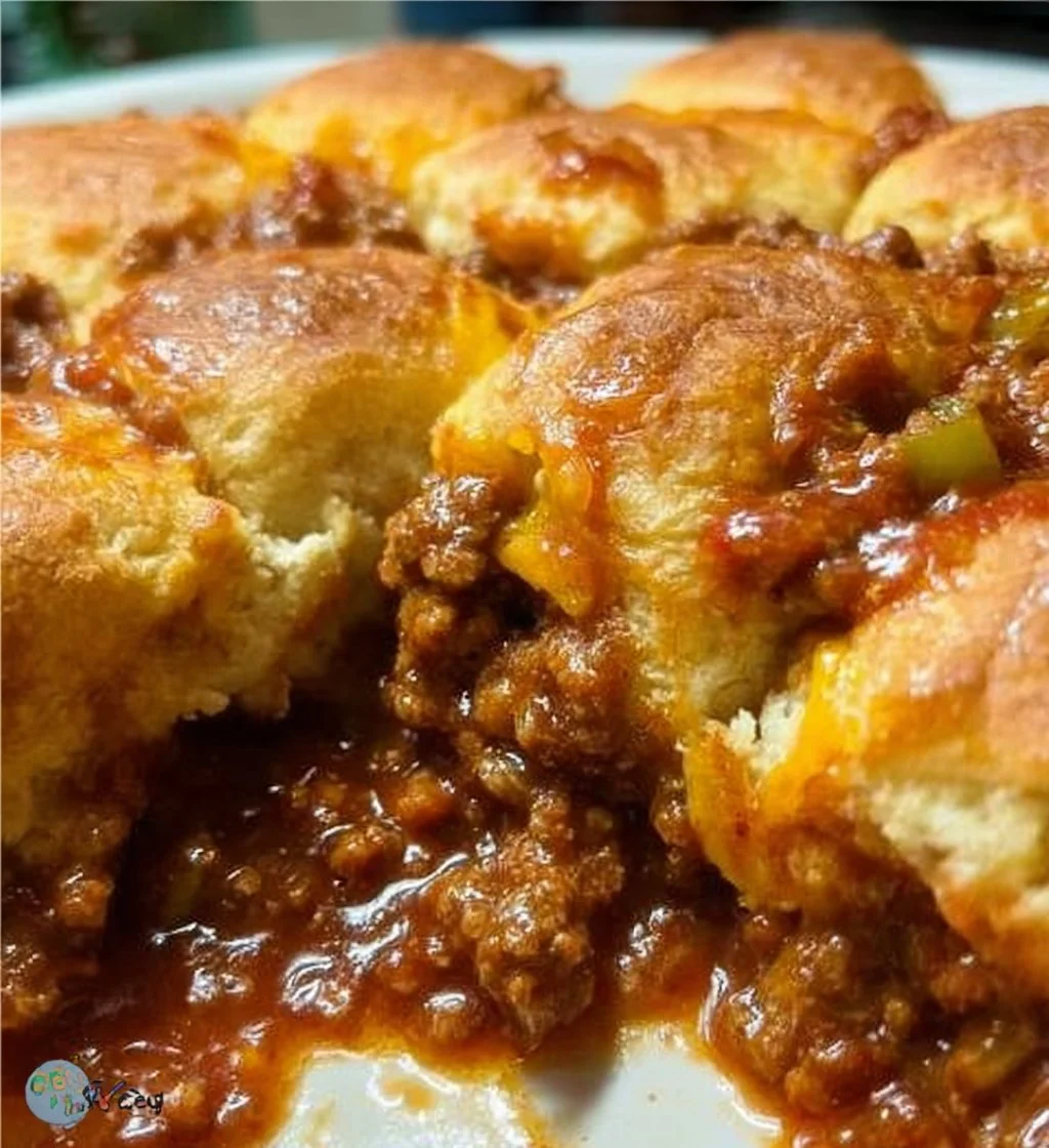 Delicious Sloppy Joe Biscuit Casserole served in a baking dish