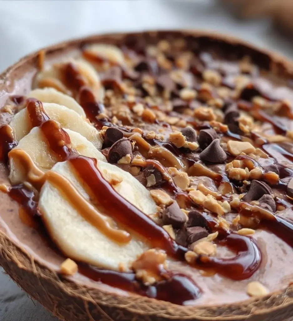 Delicious Snickers Smoothie Bowl topped with nuts, chocolate, and banana slices