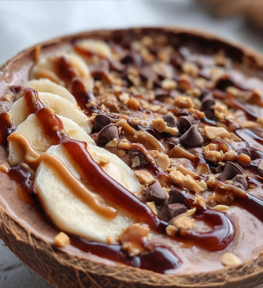 Delicious Snickers Smoothie Bowl topped with nuts, chocolate, and banana slices