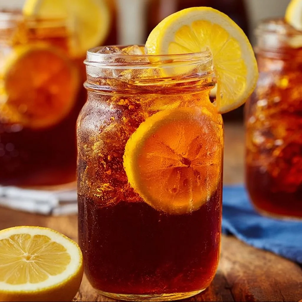 A refreshing glass of Southern sweet tea with ice and lemon slices.
