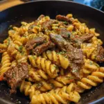 Spicy Garlic Butter Parmesan Steak Pasta garnished with parsley