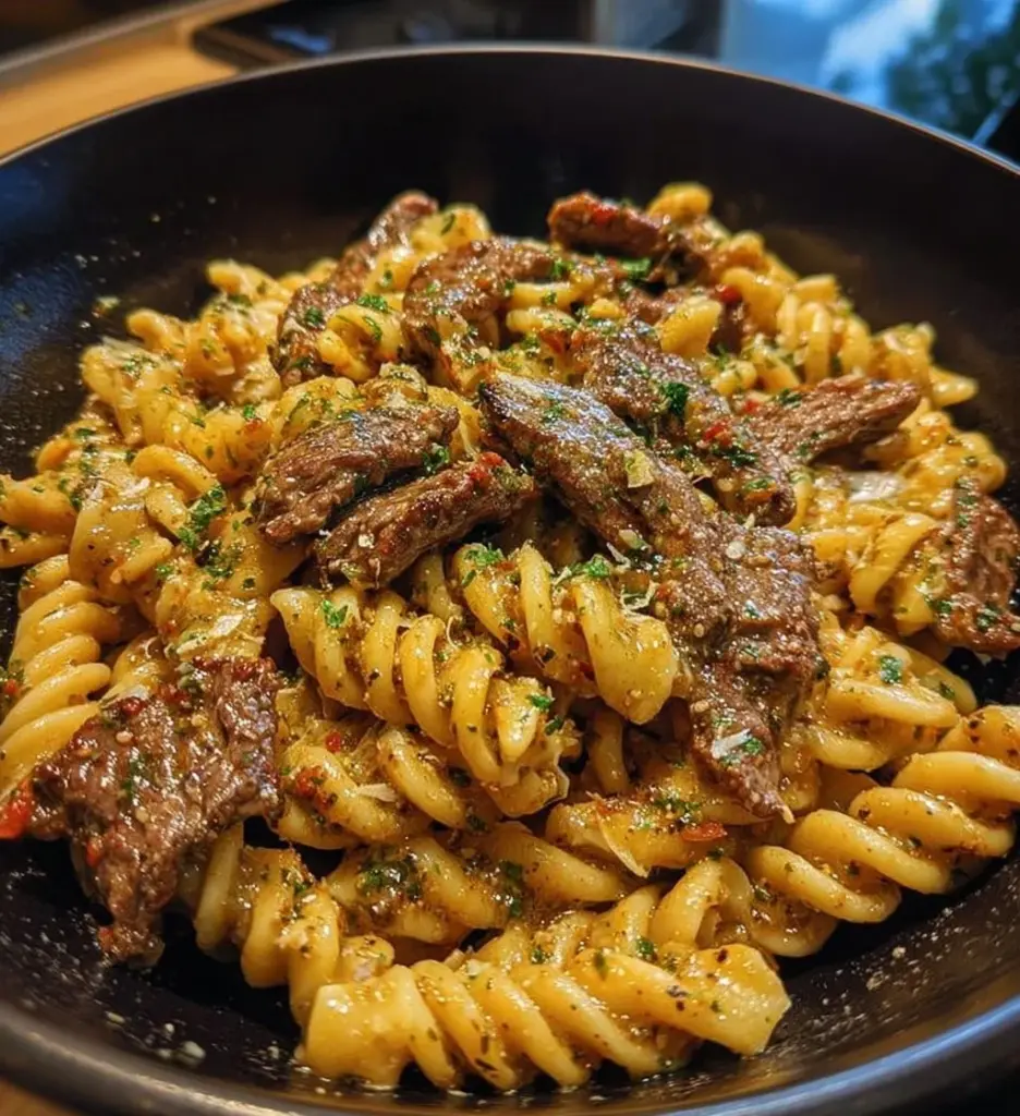 Spicy Garlic Butter Parmesan Steak Pasta garnished with parsley