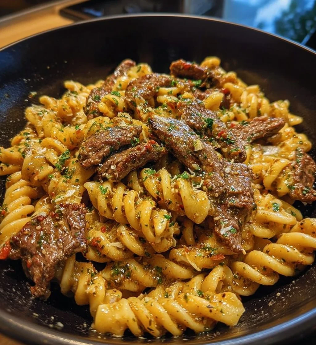 Spicy Garlic Butter Parmesan Steak Pasta garnished with parsley