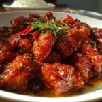 Delicious plate of Spicy Portuguese Chilli Chicken garnished with fresh herbs