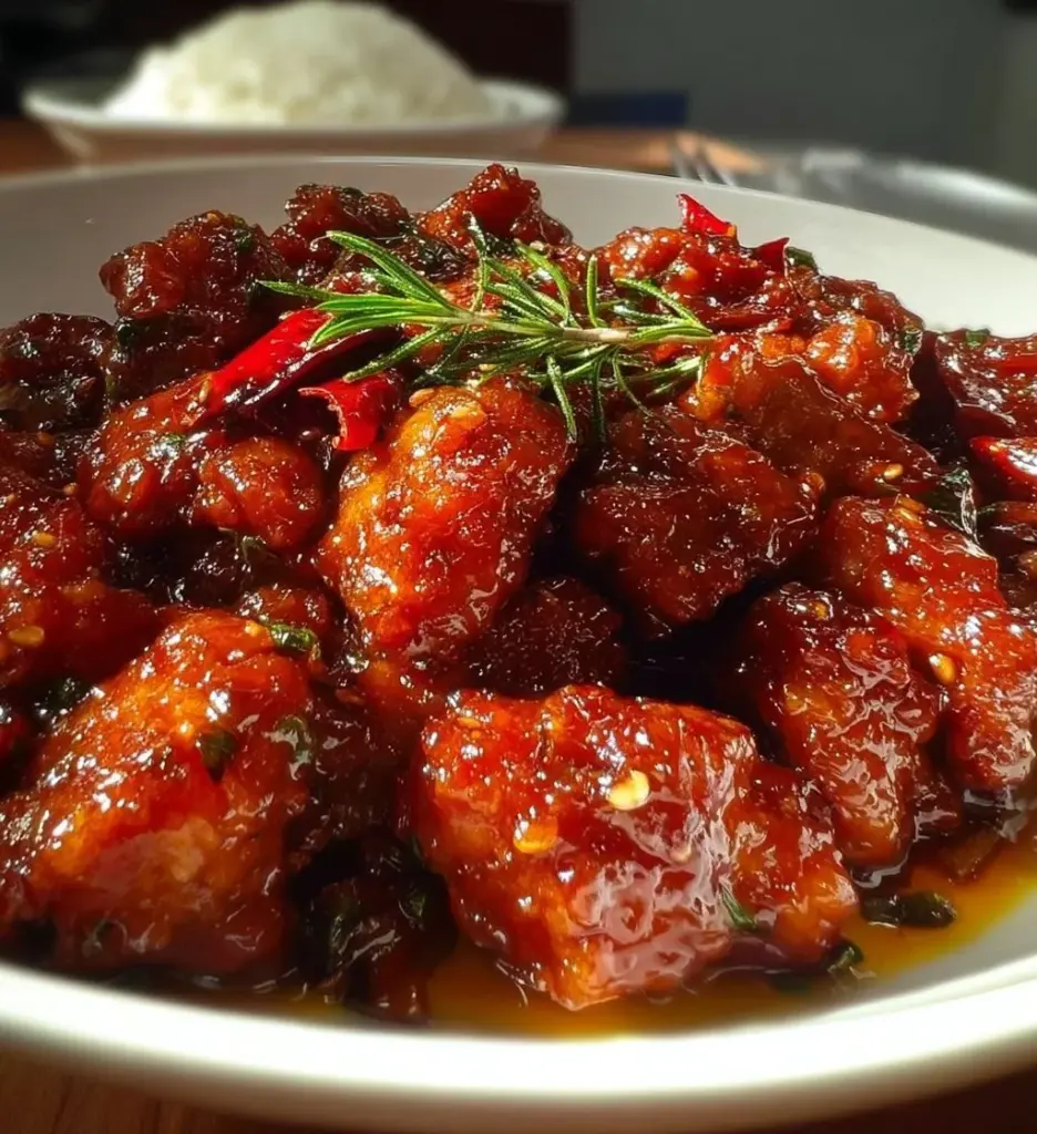Delicious plate of Spicy Portuguese Chilli Chicken garnished with fresh herbs