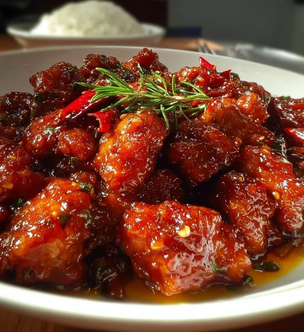 Delicious plate of Spicy Portuguese Chilli Chicken garnished with fresh herbs