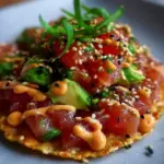 Plate of spicy tuna tartare tostada garnished with chipotle mayo.