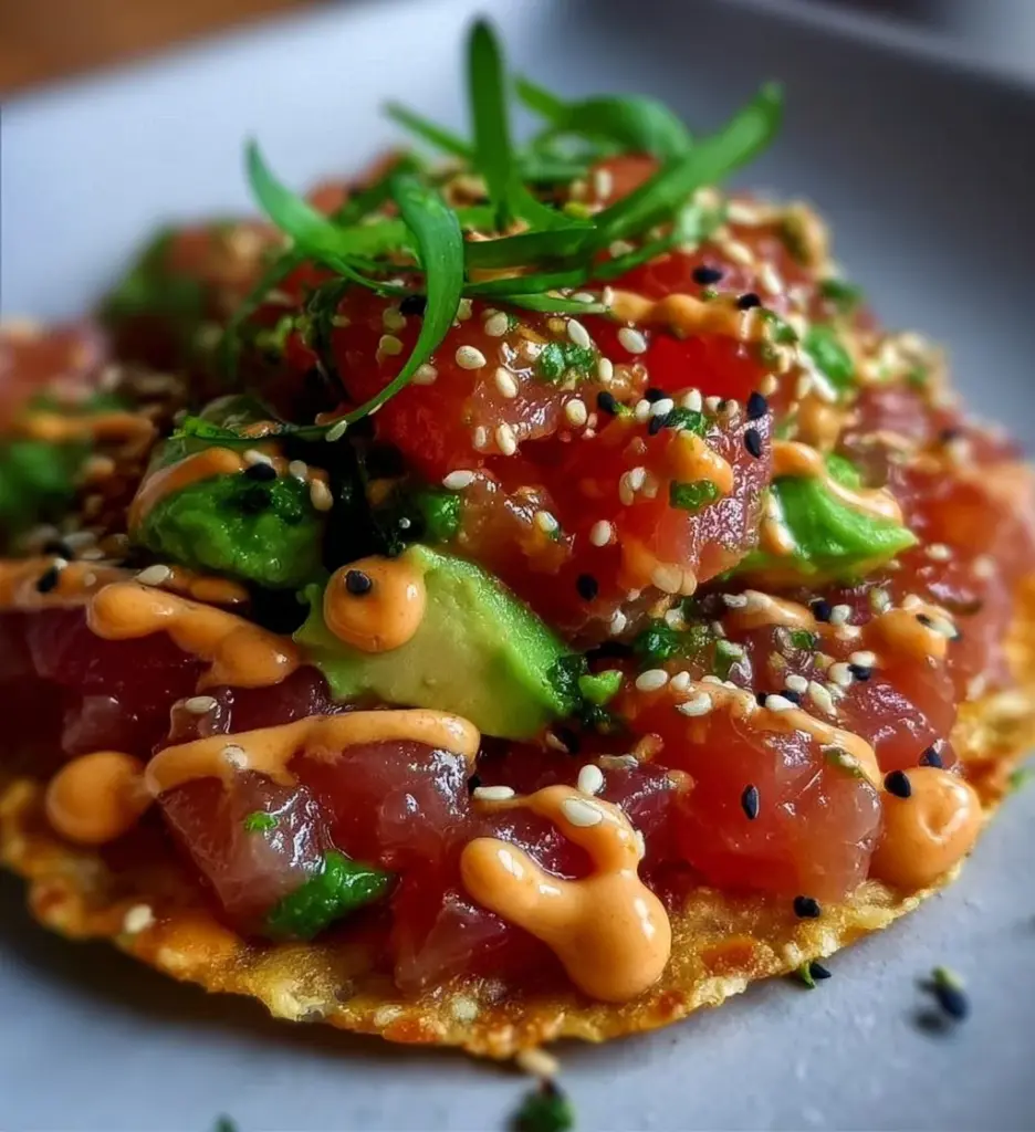 Plate of spicy tuna tartare tostada garnished with chipotle mayo.