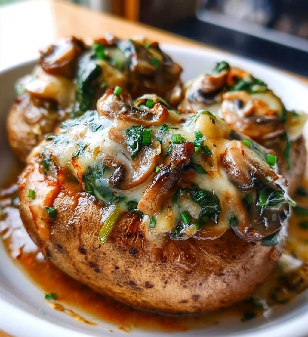 Delicious spinach and shiitake mushroom stuffed potatoes garnished with herbs.