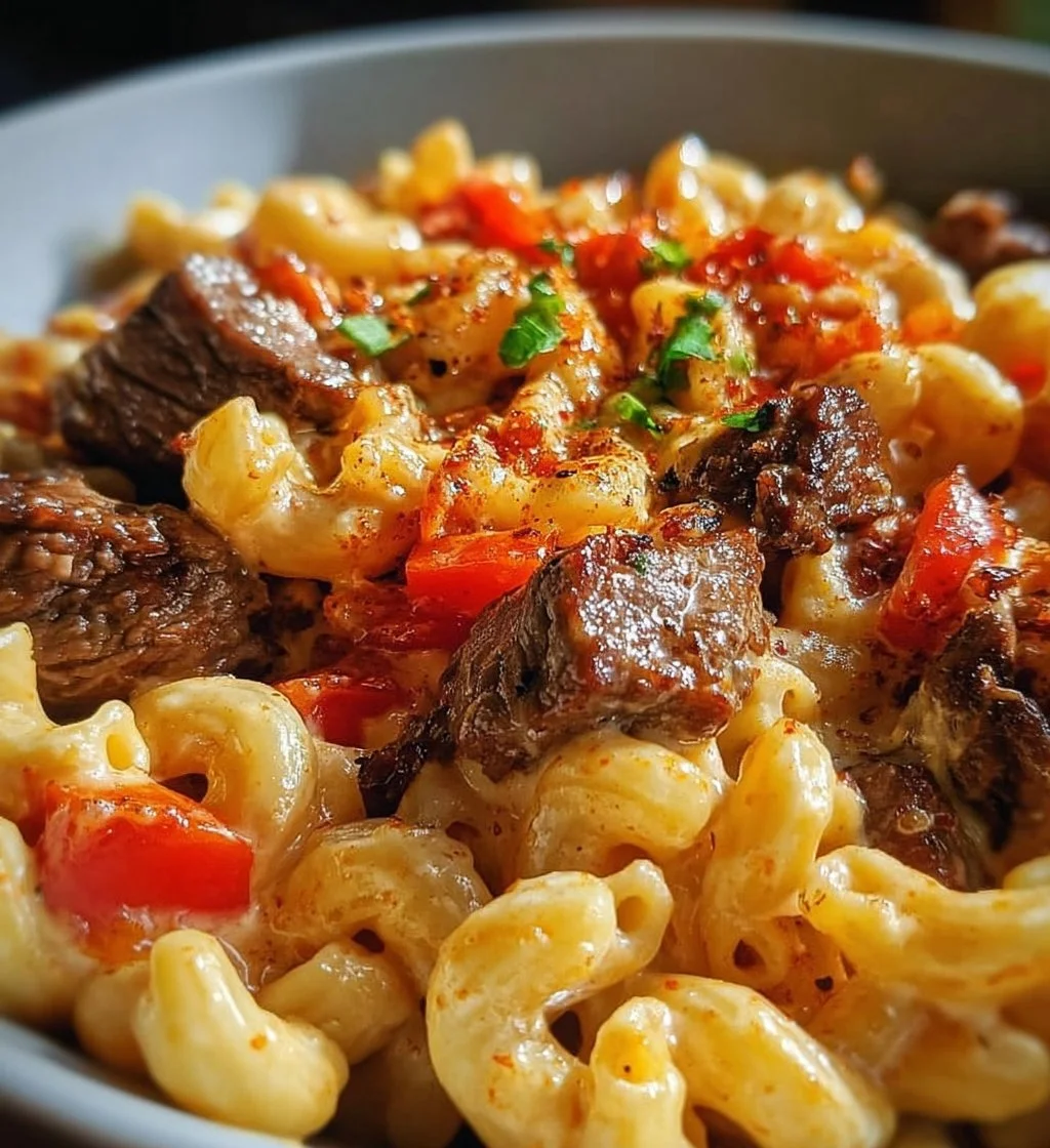 Delicious Steak Queso Mac topped with pepper jack cheese and garnished.