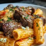 Steak and blue cheese rigatoni bake dish served in a ceramic bowl