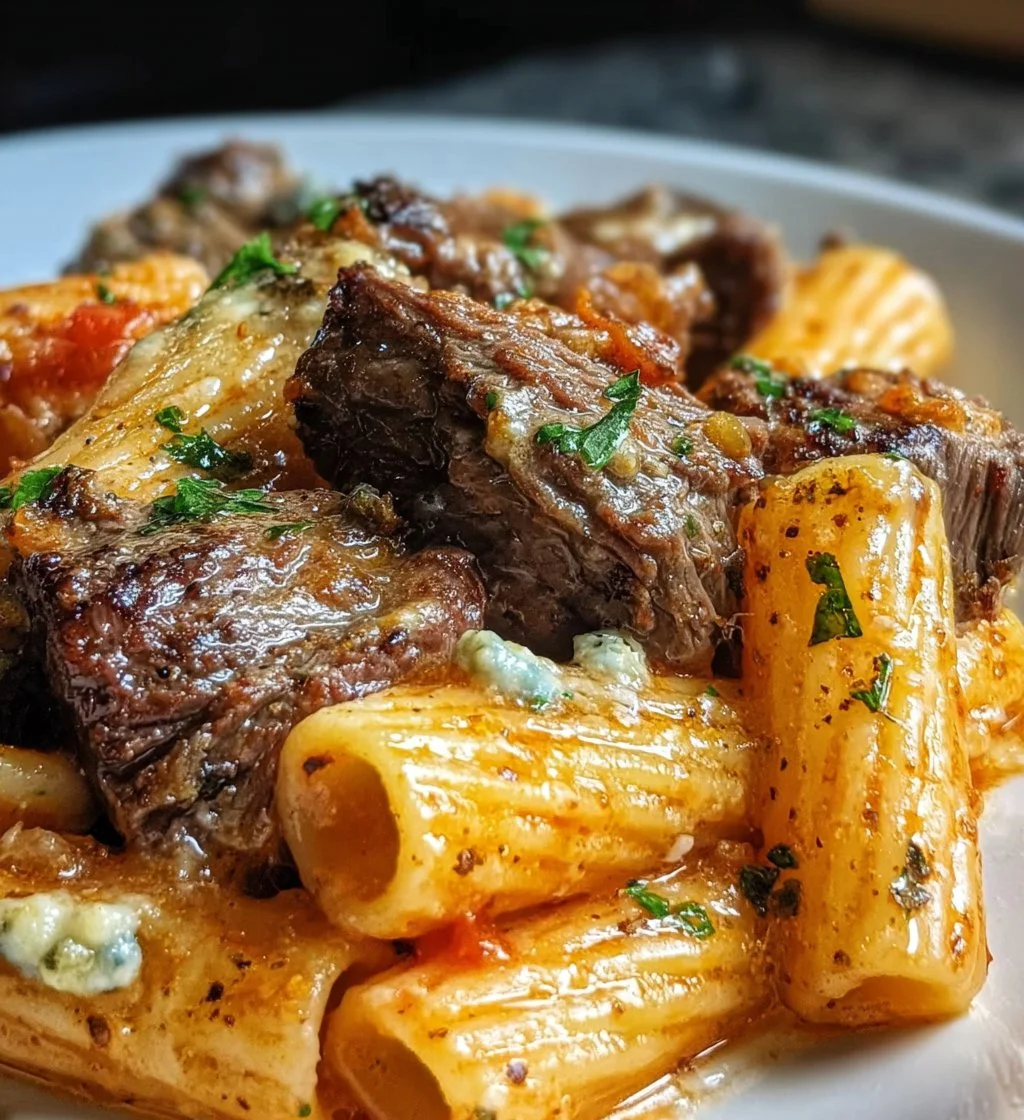 Steak and blue cheese rigatoni bake dish served in a ceramic bowl