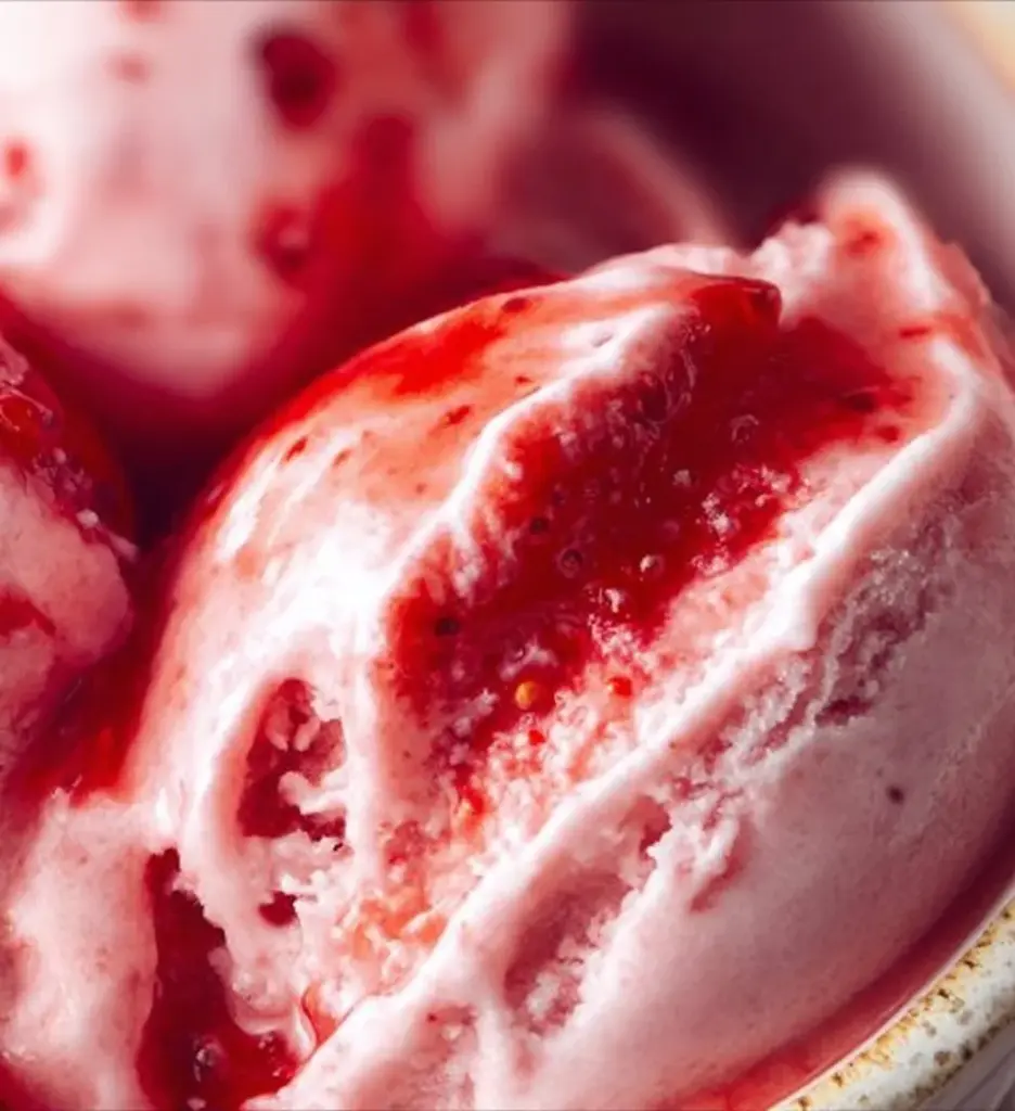 A bowl of strawberry cottage cheese ice cream topped with fresh strawberries