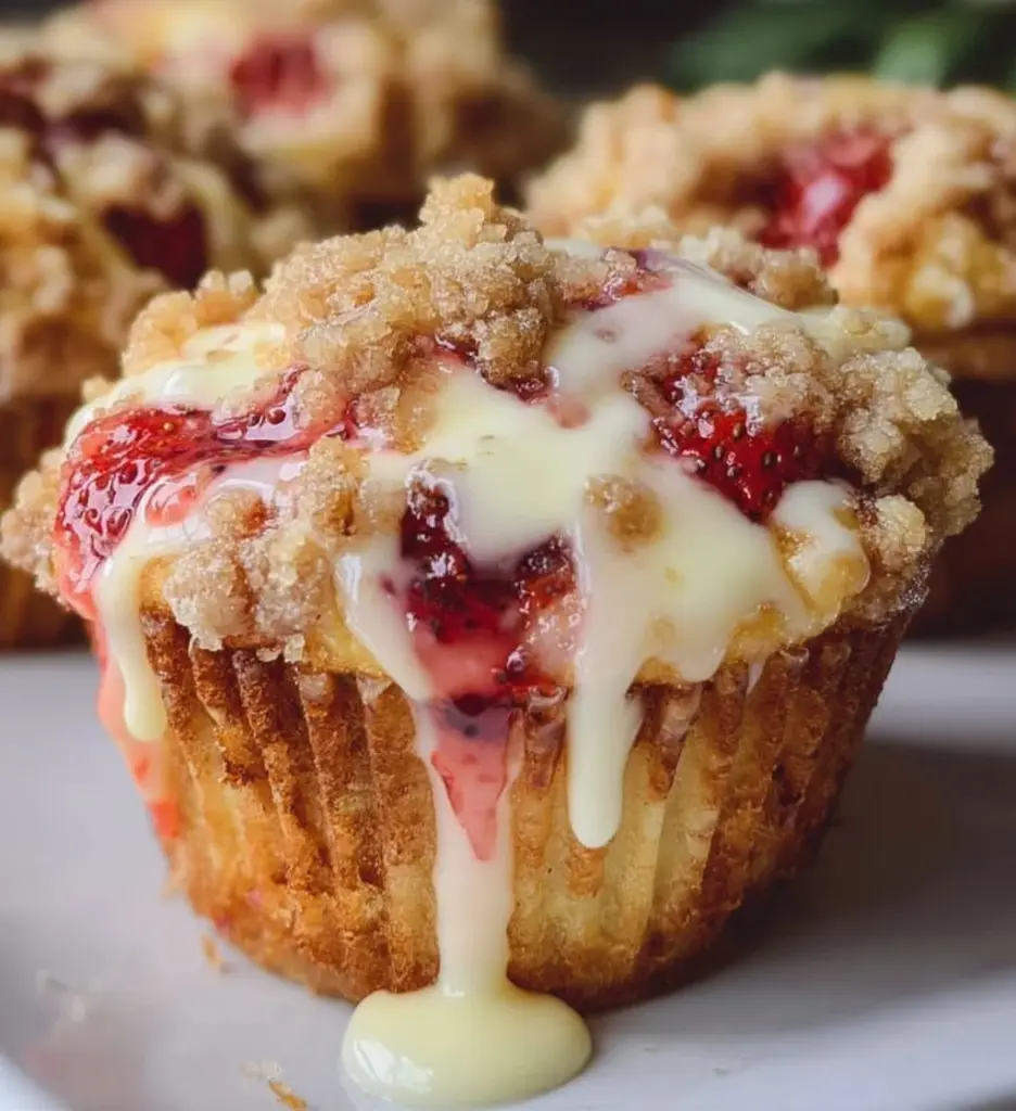 Delicious Strawberry Cream Cheese Muffins with a crunchy streusel topping.