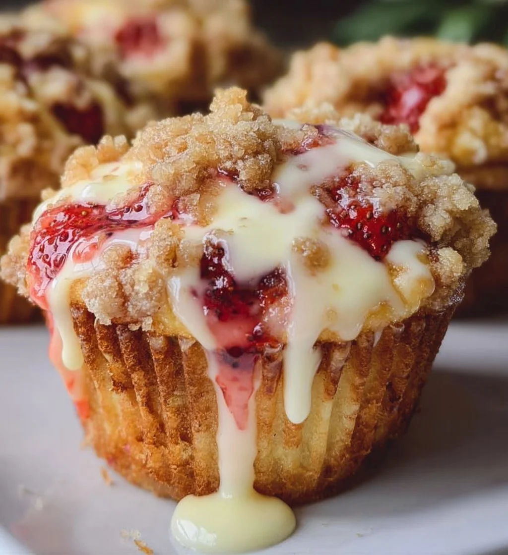 Delicious Strawberry Cream Cheese Muffins with a crunchy streusel topping.