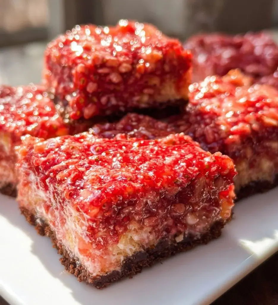 Delicious strawberry crunch brownies topped with crunchy strawberry bits
