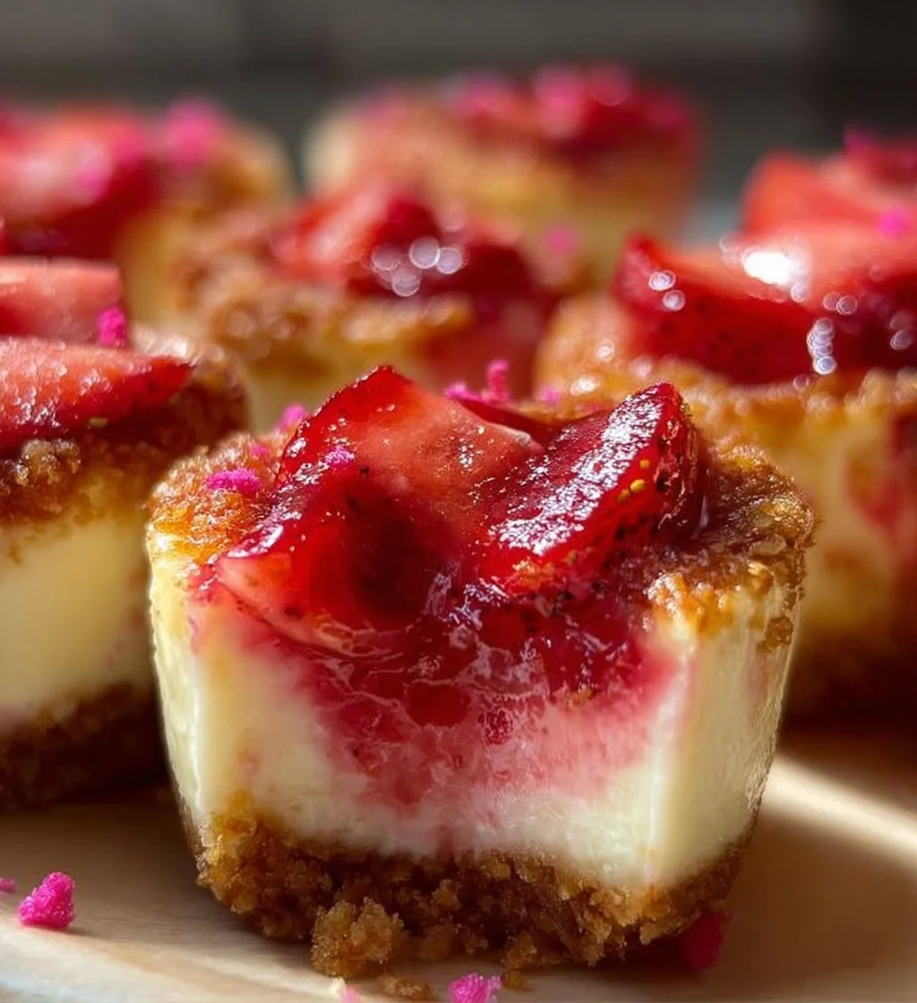 Delicious Strawberry Crunch Cheesecake Bites topped with crunch for a perfect dessert
