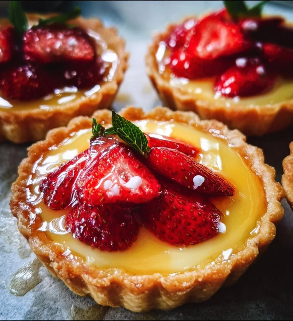 Delicious homemade Strawberry Honey Custard Tarts topped with fresh strawberries