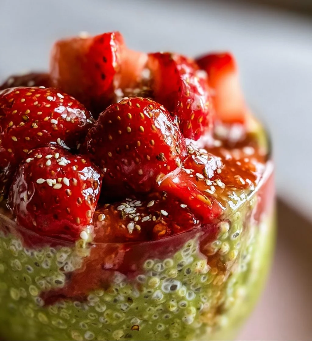 Strawberry Matcha Overnight Oats in a bowl with fresh strawberries