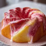 Slice of strawberry milkshake pound cake topped with fresh strawberries