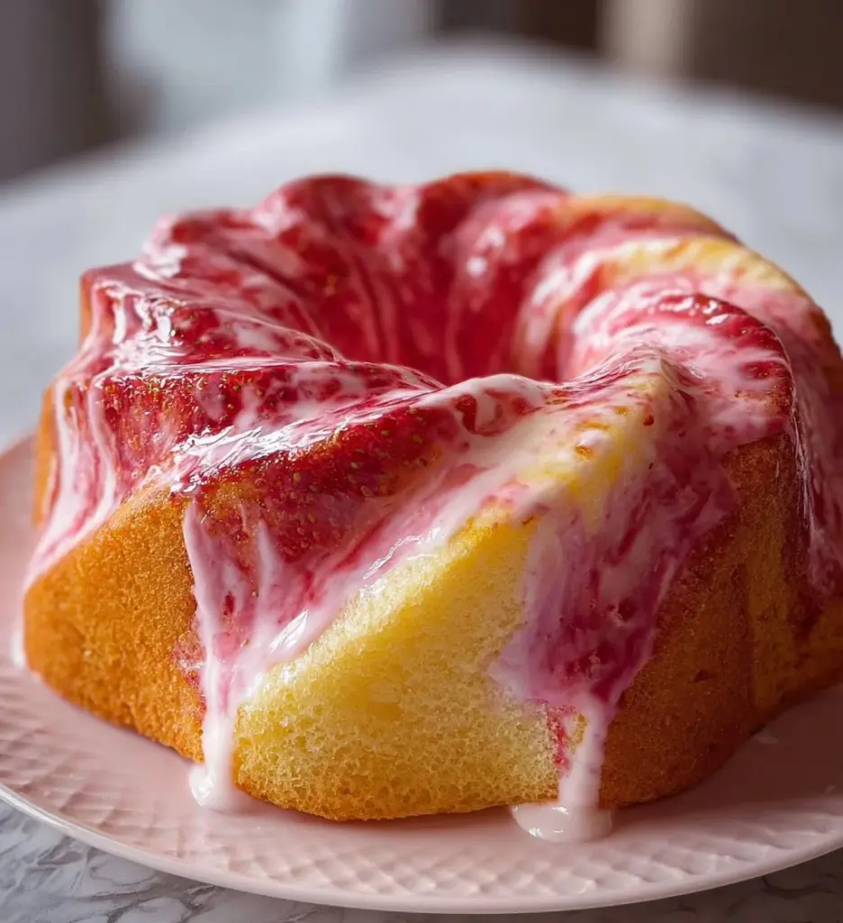 Slice of strawberry milkshake pound cake topped with fresh strawberries