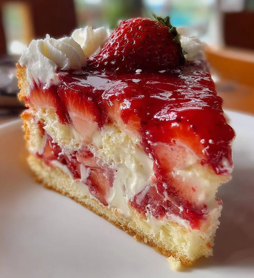 Delicious strawberry shortcake layered slice dessert with fresh strawberries