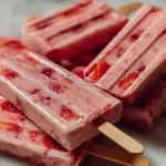 Delicious strawberry yogurt popsicles on a sunny day