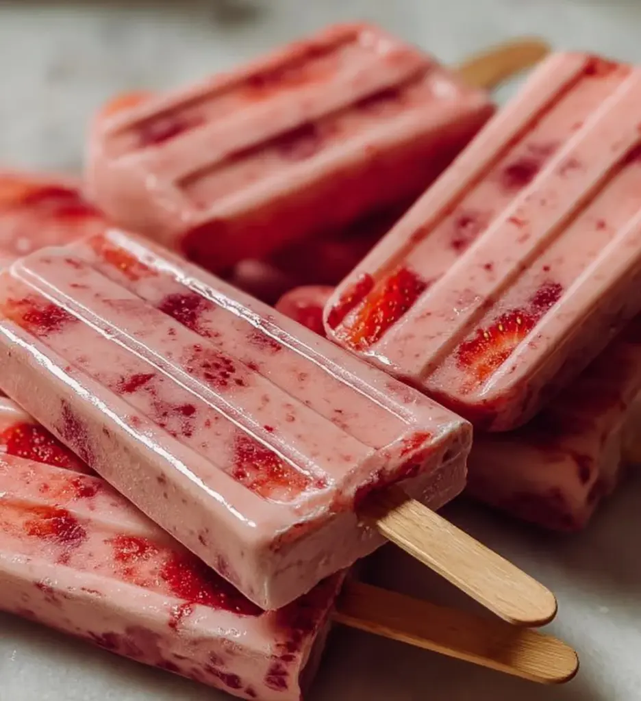 Delicious strawberry yogurt popsicles on a sunny day