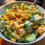Street Corn Creamy Cucumber Chicken Salad with vibrant ingredients and flavors