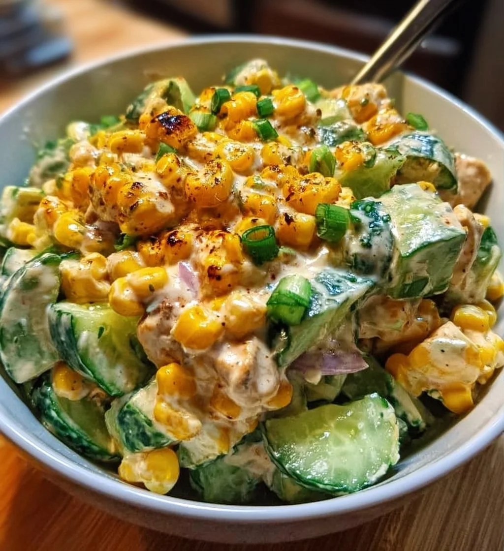 Street Corn Creamy Cucumber Chicken Salad with vibrant ingredients and flavors