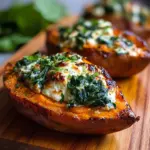 Stuffed roasted sweet potatoes with spinach and ricotta on a plate