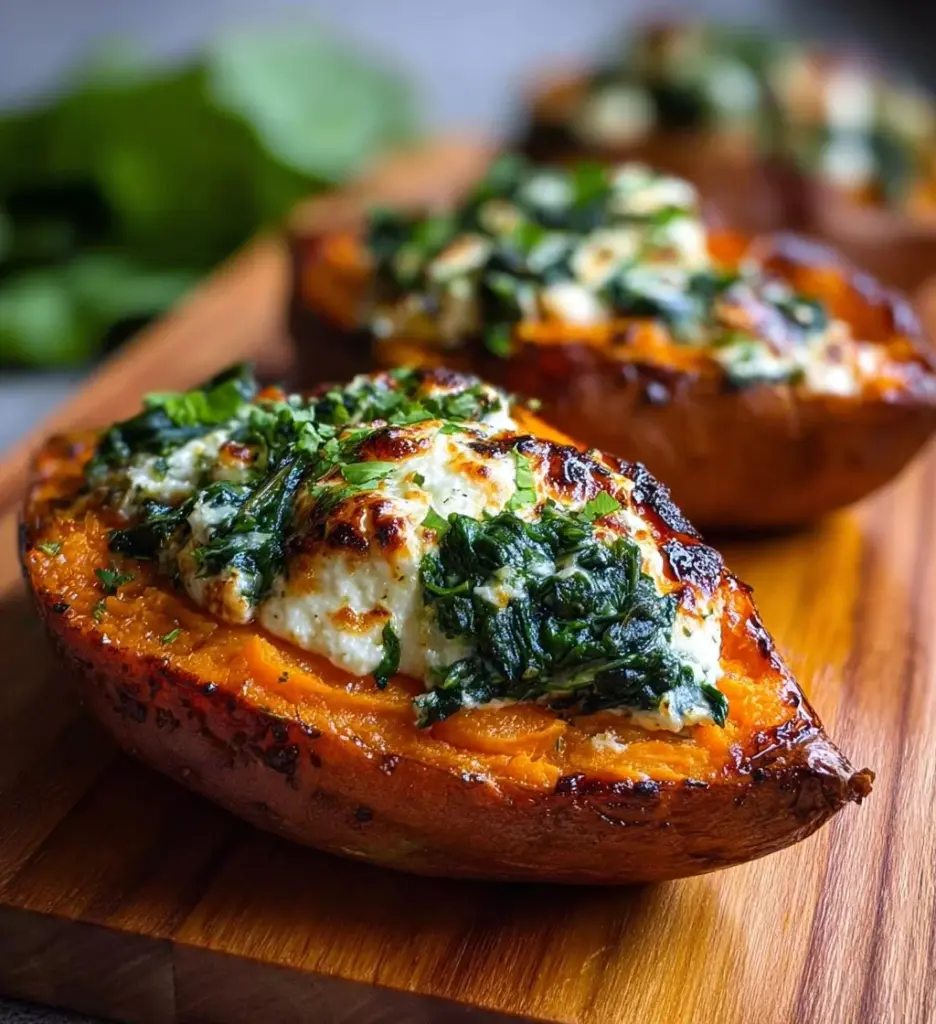 Stuffed roasted sweet potatoes with spinach and ricotta on a plate