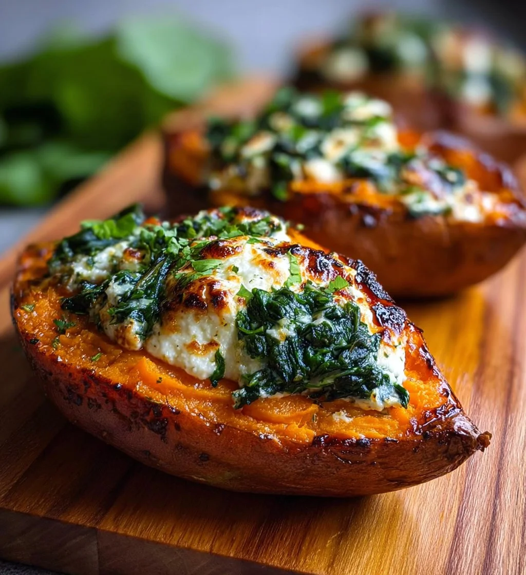 Stuffed roasted sweet potatoes with spinach and ricotta on a plate