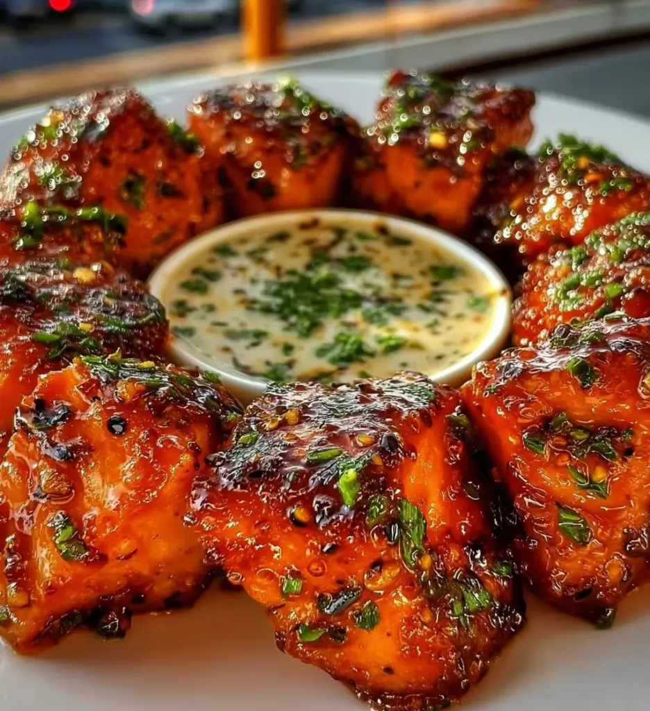 Sweet chili salmon bites garnished with herbs on a plate