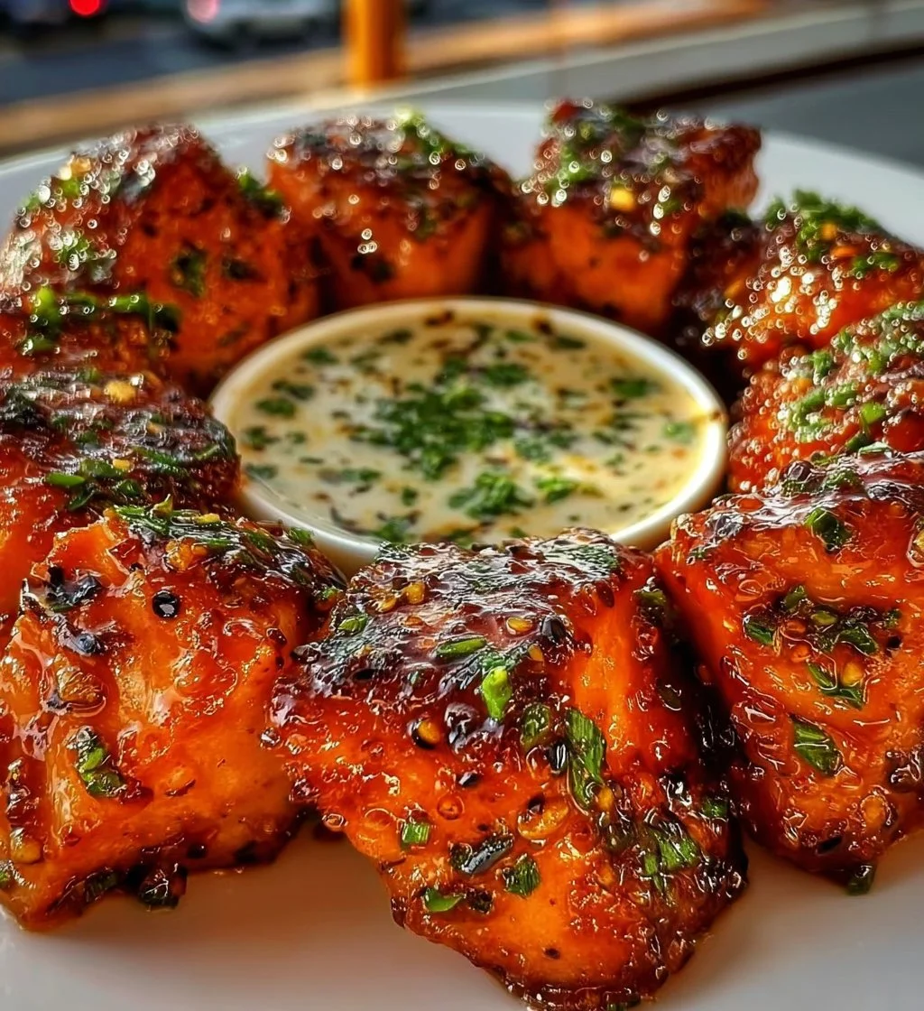 Sweet chili salmon bites garnished with herbs on a plate