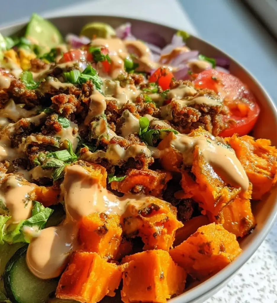 Healthy Sweet Potato Burger Bowl filled with fresh vegetables and a flavorful patty.