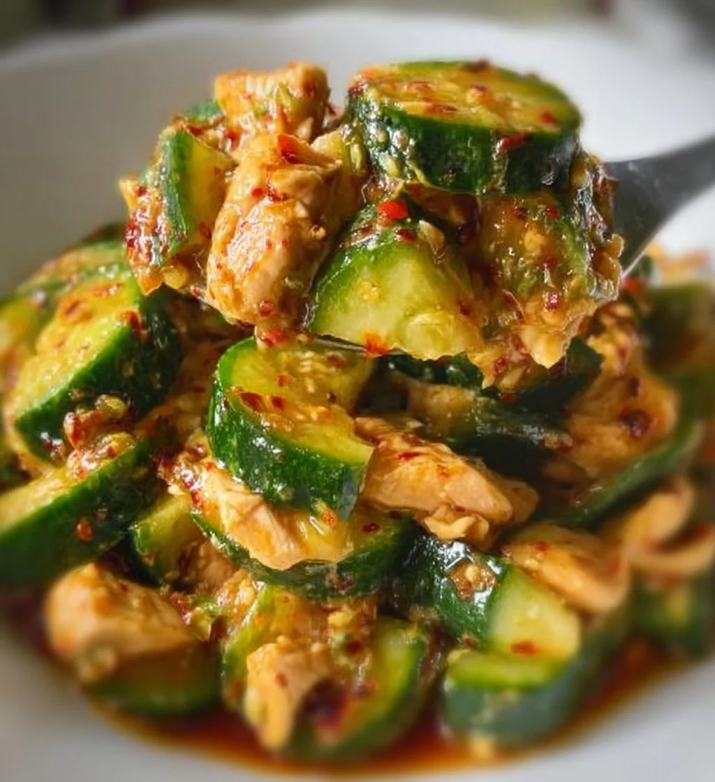 Thai cucumber salad with chicken, showcasing fresh ingredients and vibrant presentation.