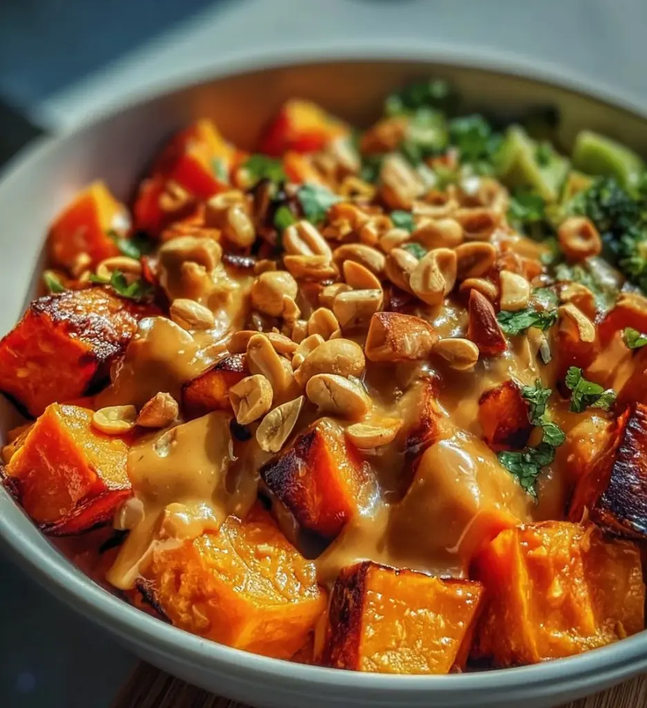 A vibrant Thai Peanut Sweet Potato Buddha Bowl with colorful vegetables and peanut sauce.