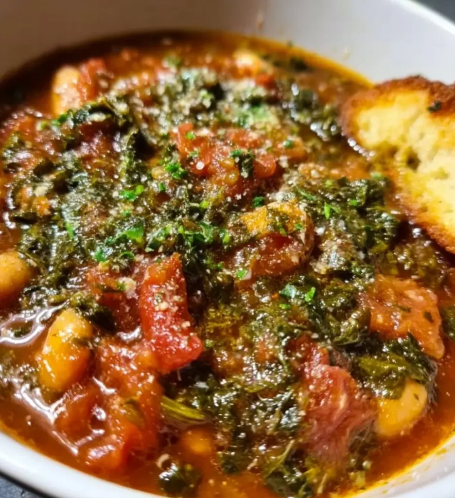 Bowl of authentic Tuscan Ribollita soup with vegetables and bread