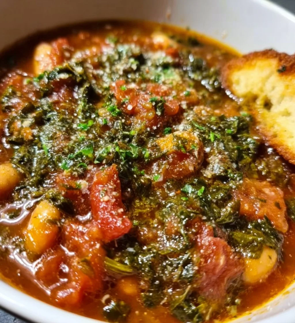 Bowl of authentic Tuscan Ribollita soup with vegetables and bread