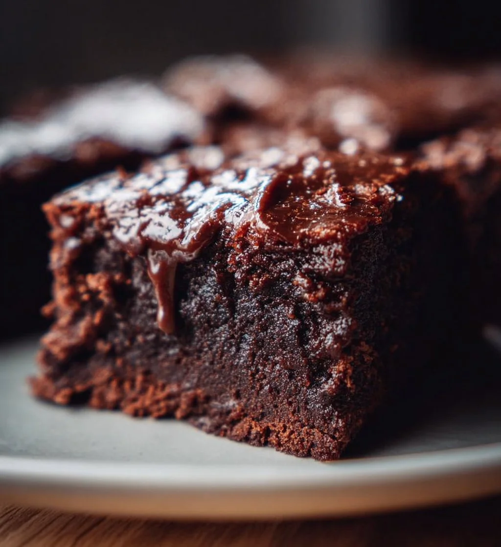 Fudgy sweet potato brownies topped with chocolate drizzle on a plate.