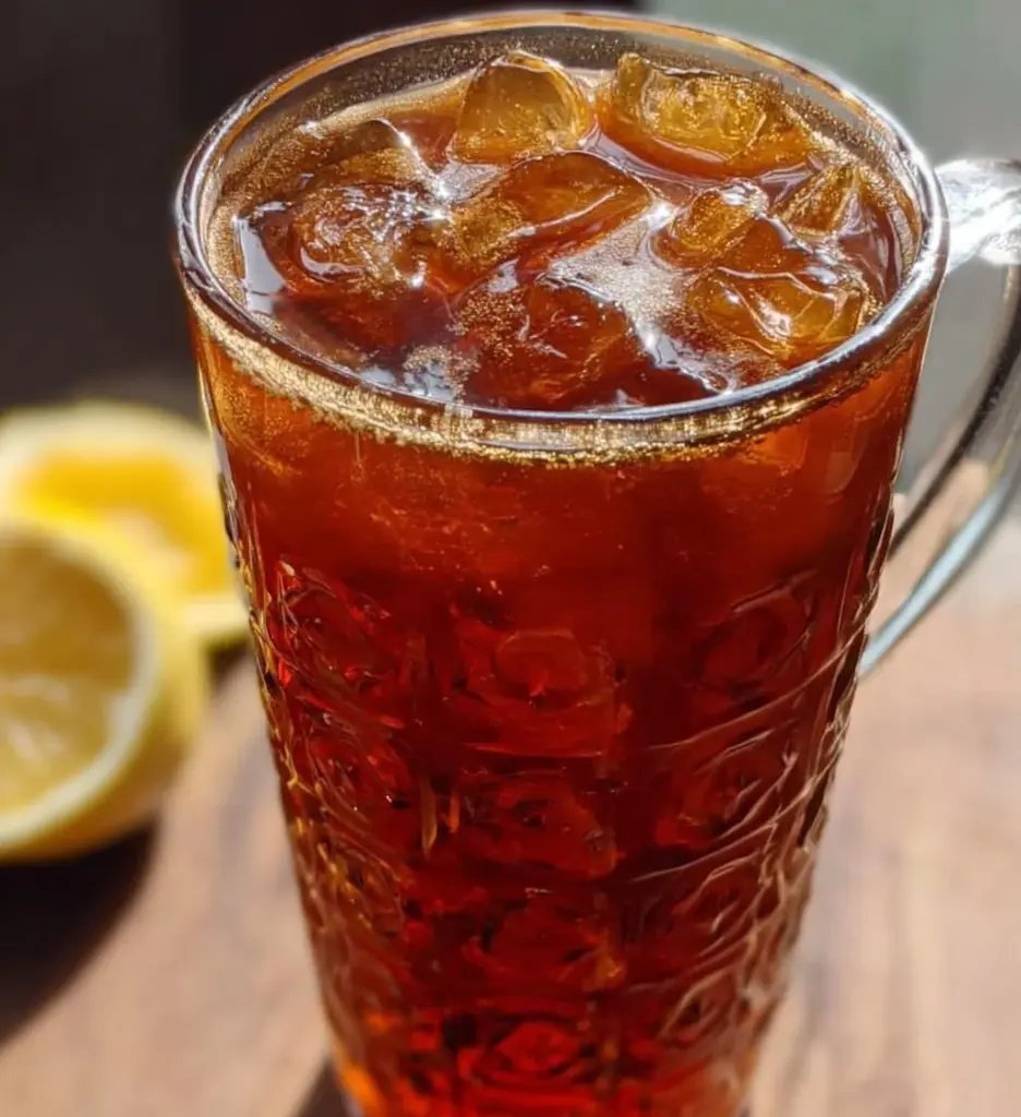 Traditional Southern iced sweet tea served in a glass with lemon and mint garnish.
