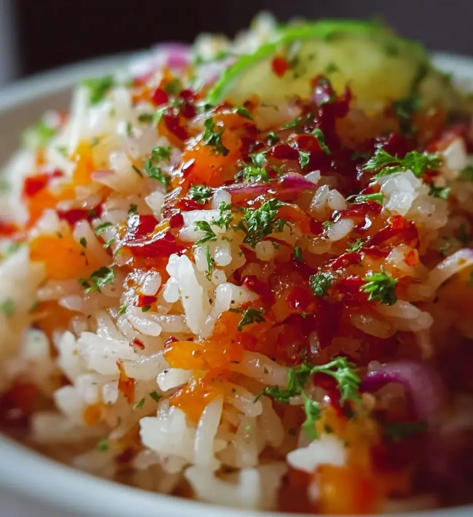 Delicious tropical coconut pepper rice served in a vibrant dish
