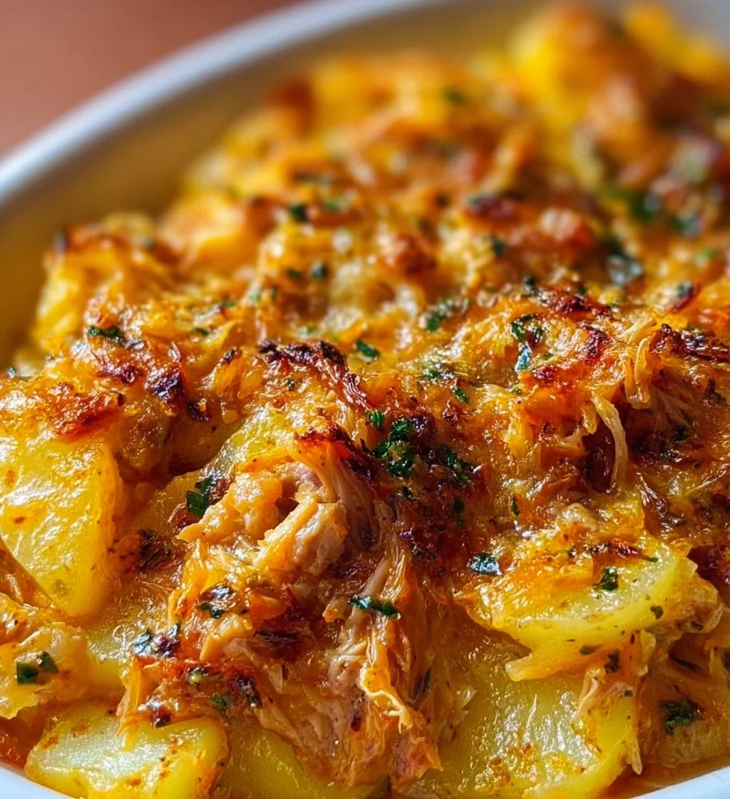 A delicious Tuna Potato Bake with melted cheese and golden potatoes