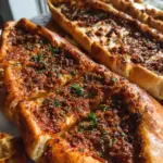 Delicious Turkish Pide topped with fresh ingredients on a wooden table