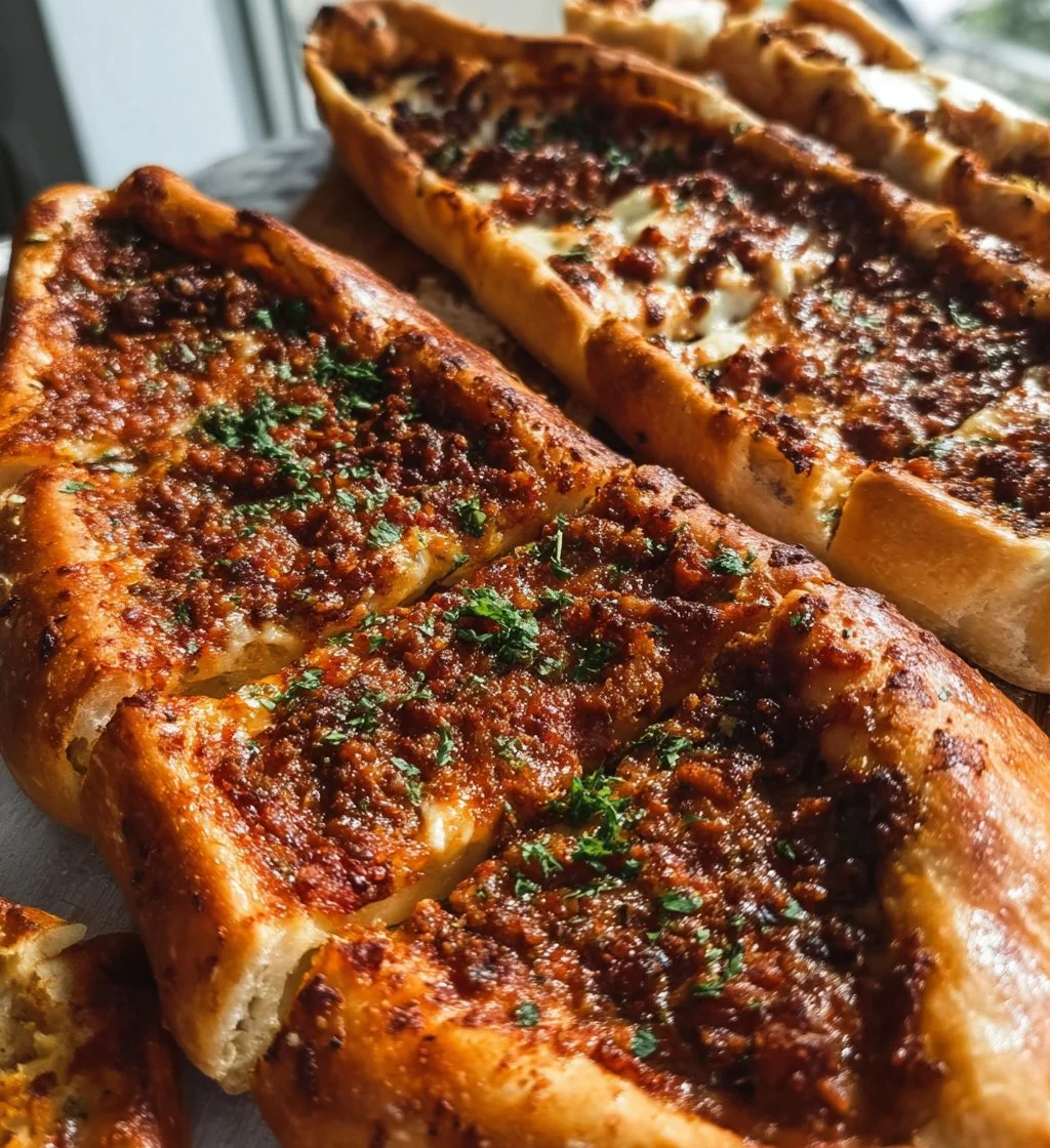 Delicious Turkish Pide topped with fresh ingredients on a wooden table