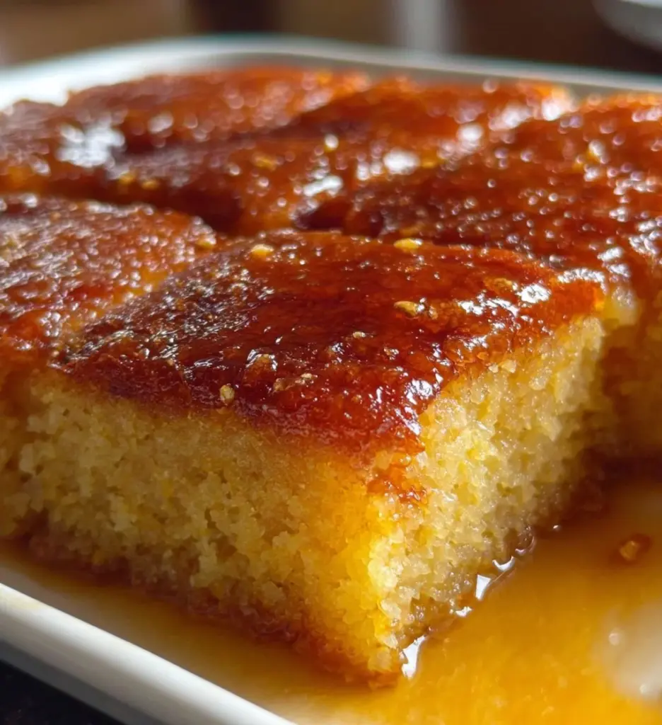 Turkish Semolina Cake (Revani) served with syrup on a decorative plate