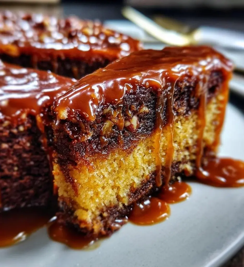 Turtle Caramel Cake layered with chocolate, caramel, and pecans